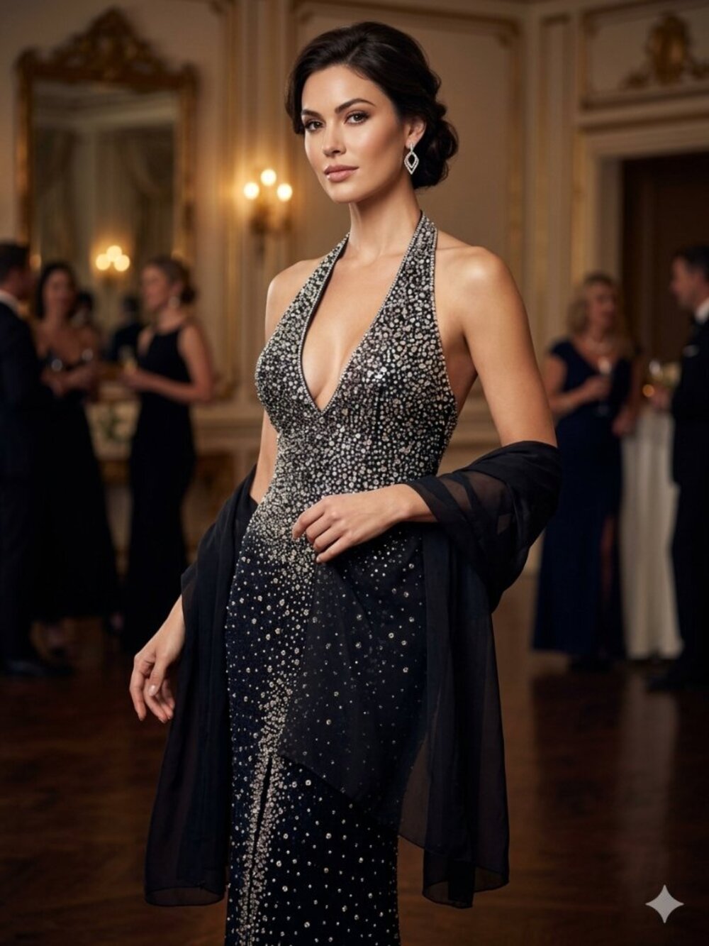 Black Sequin Halter Evening Gown